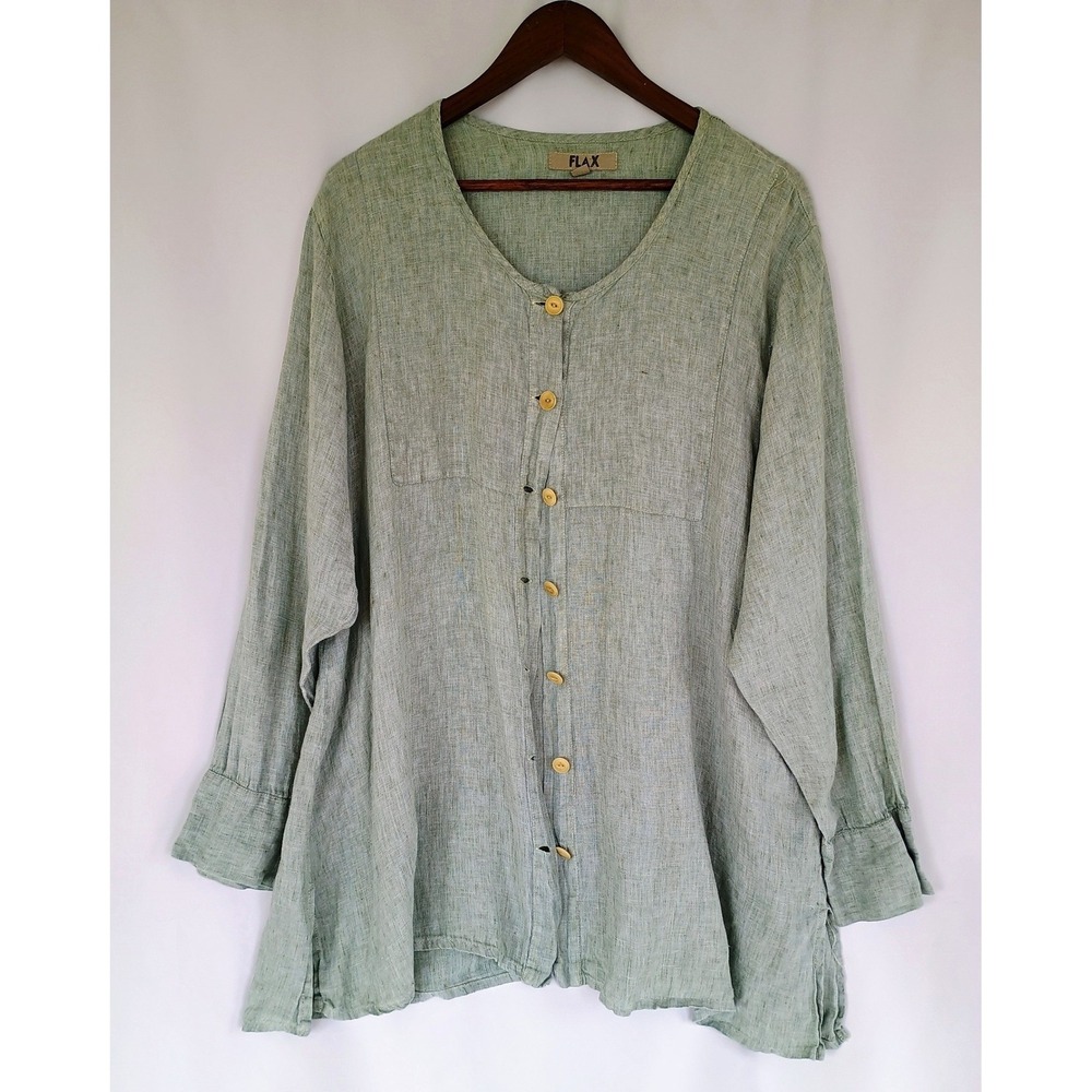 FLAX 100% Linen Button Down Shirt Sage Green Long Sleeve Top Size 1G (18-20)
